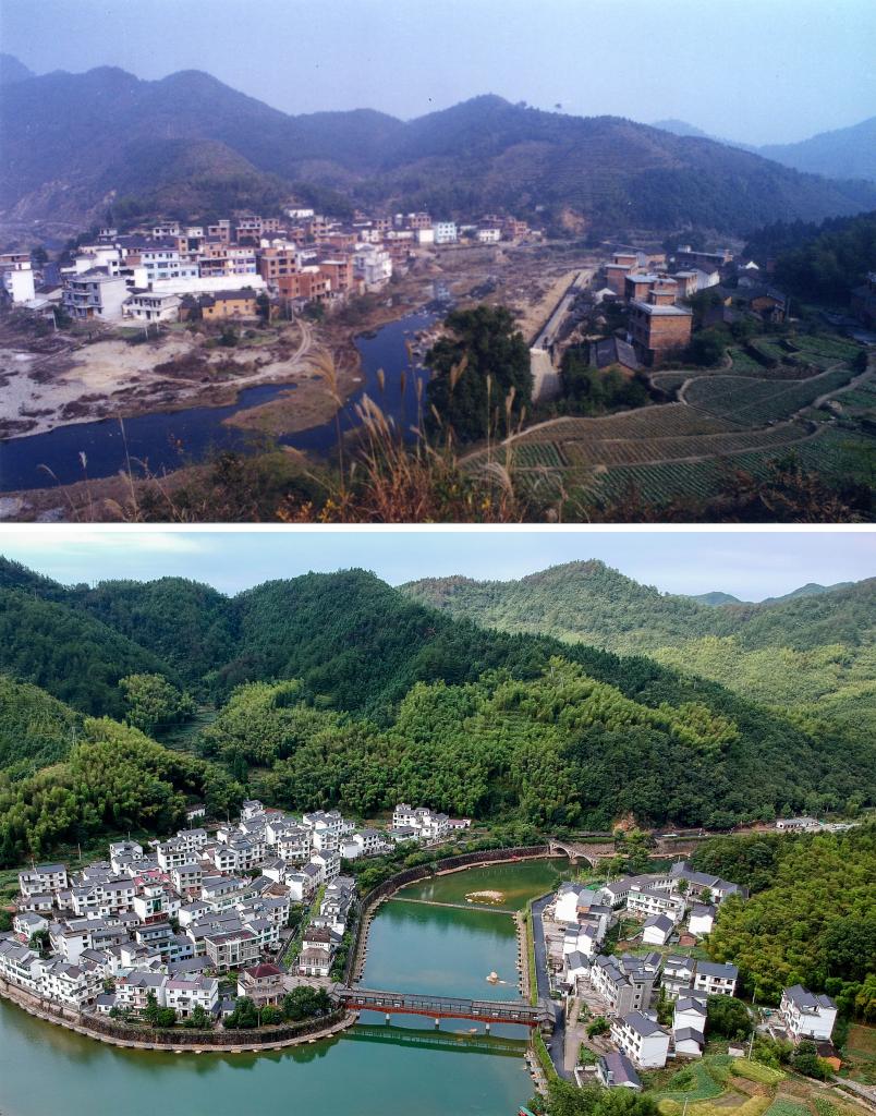 圖為浙江省杭州市淳安縣楓樹嶺鎮(zhèn)下姜村拼版圖，其中上圖為資料照片、下圖由新華社記者張鋮攝。